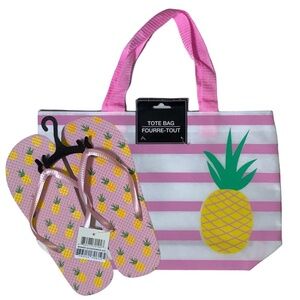 Flip Flops and Pineapple Tote Set Tropical Beach Theme Pink White Women’s L 9/10